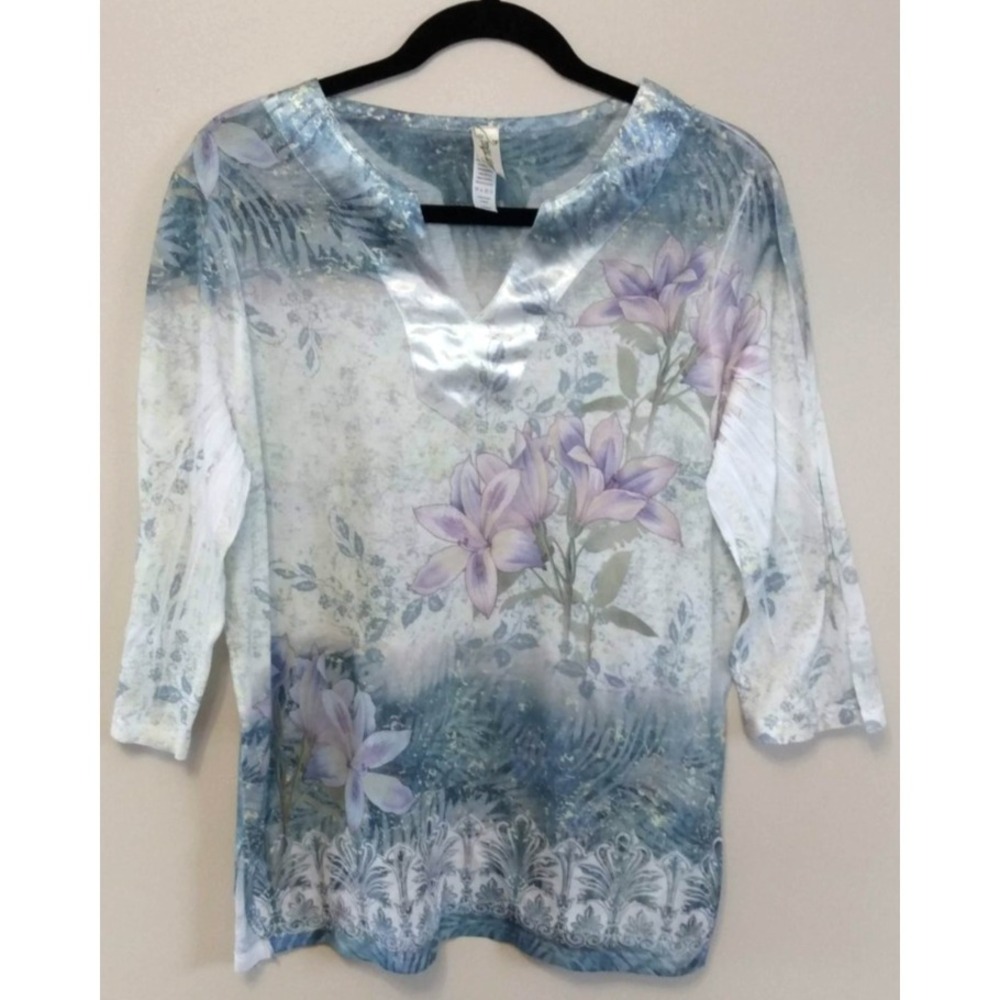 Endless Designs Y2K Floral Print Top Satin‎ Trim L Lightweight Fairy Easter Lily